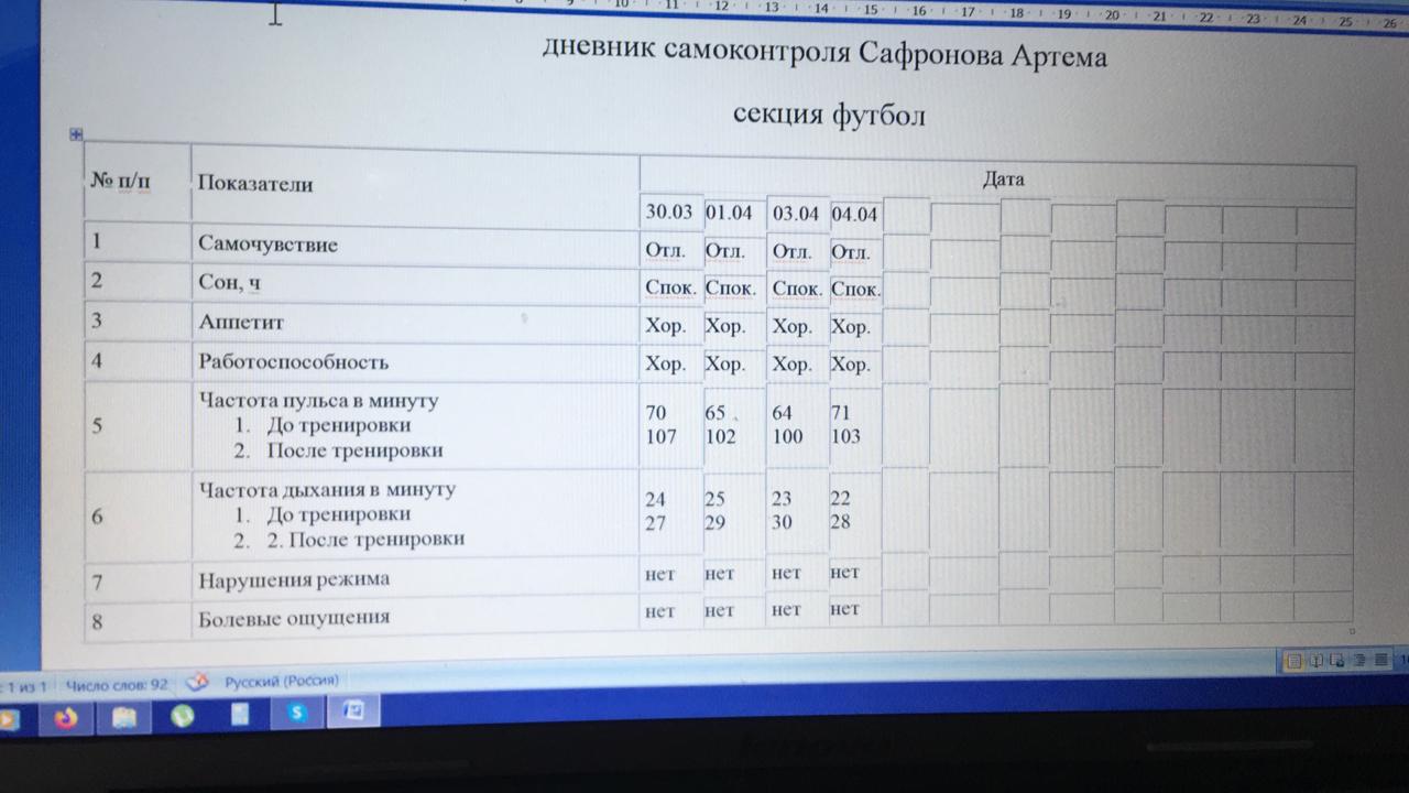 Проект дневник самоконтроля по физкультуре